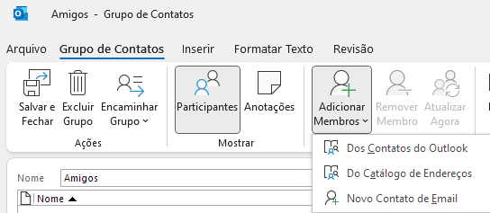 grupo de contato no outlook